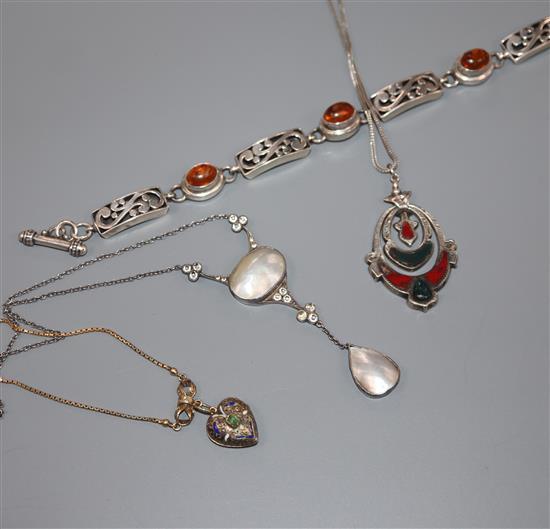 A 925 and cabochon set bracelet, a stylish white metal pendant and two other pendant necklaces including hardstone set.